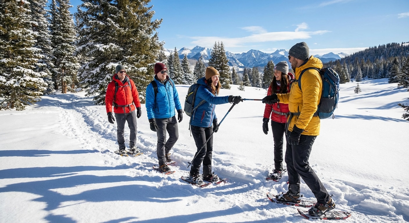 Group of beginners snowshoeing on a snowy mountain trail with winter gear and trekking poles