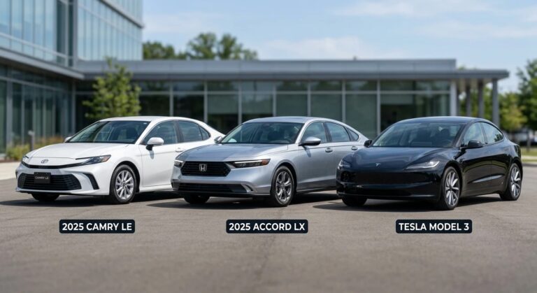 Side-by-side comparison of 2025 Toyota Camry LE Honda Accord LX and Tesla Model 3 for Uber rideshare driving
