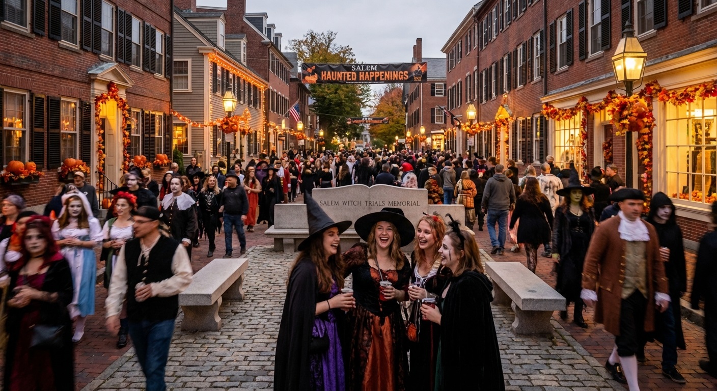 Salem Massachusetts Halloween crowd near historic witch trial buildings during Haunted Happenings
