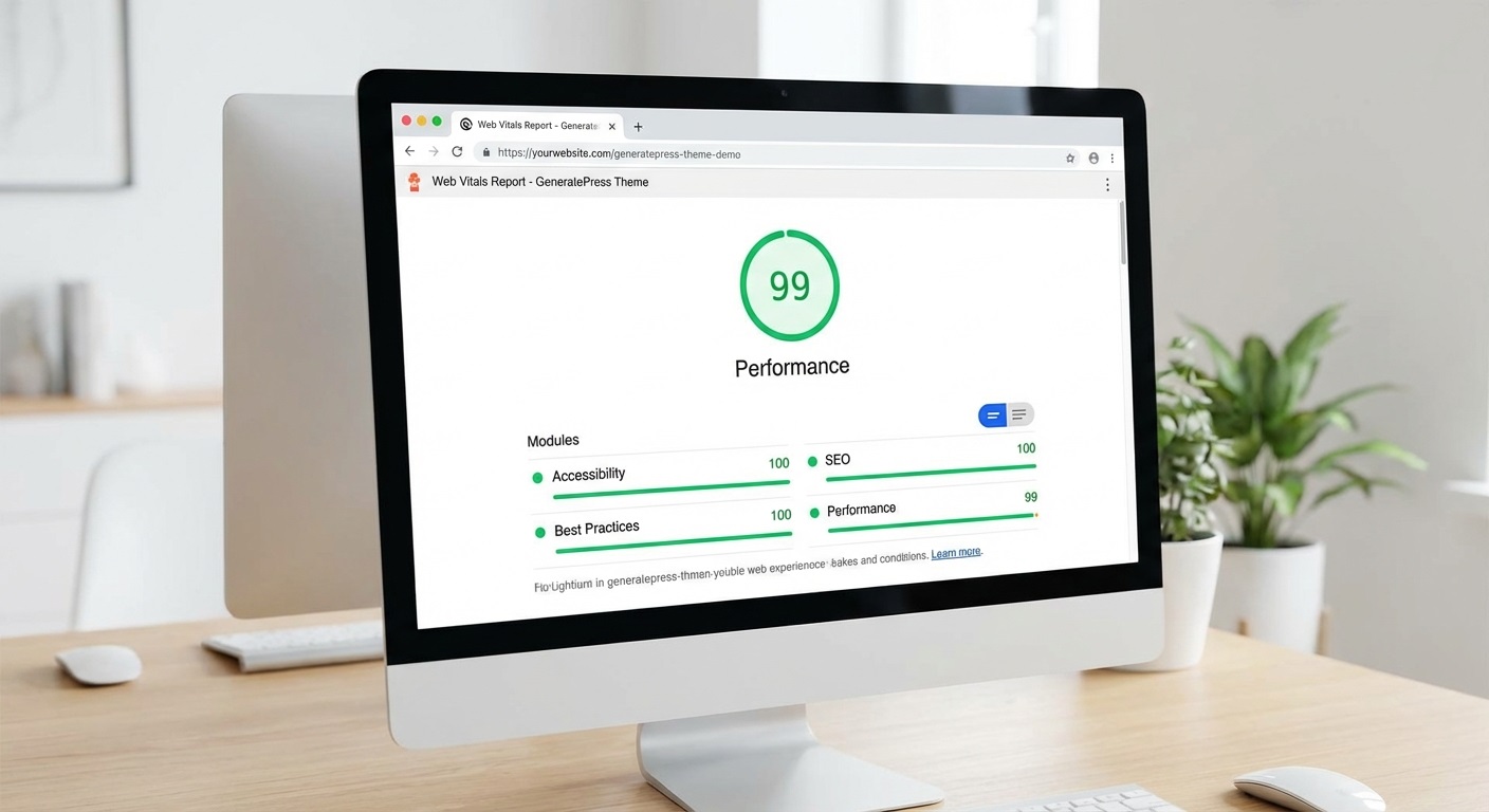 GeneratePress theme Lighthouse performance score screenshot showing 99