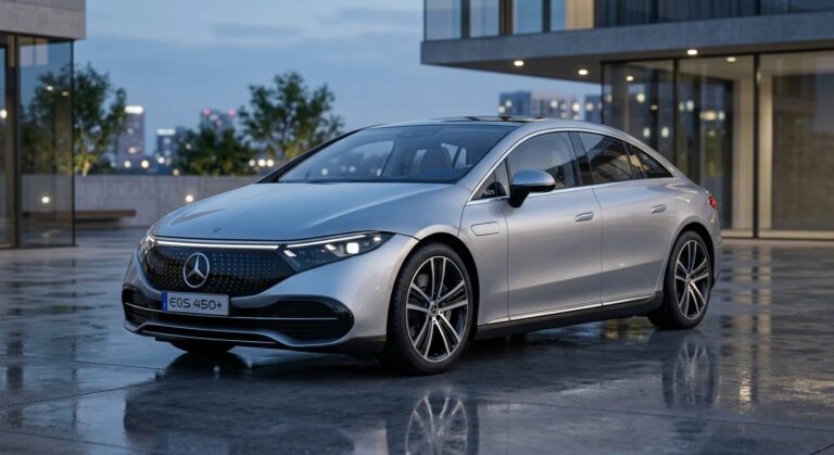 Mercedes EQS 450 plus luxury electric sedan front three-quarter view with illuminated grille