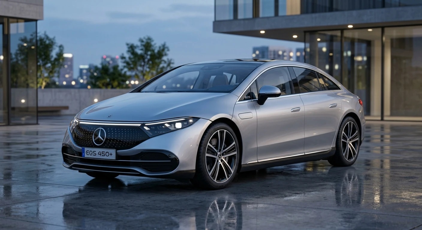 Mercedes EQS 450 plus luxury electric sedan front three-quarter view with illuminated grille