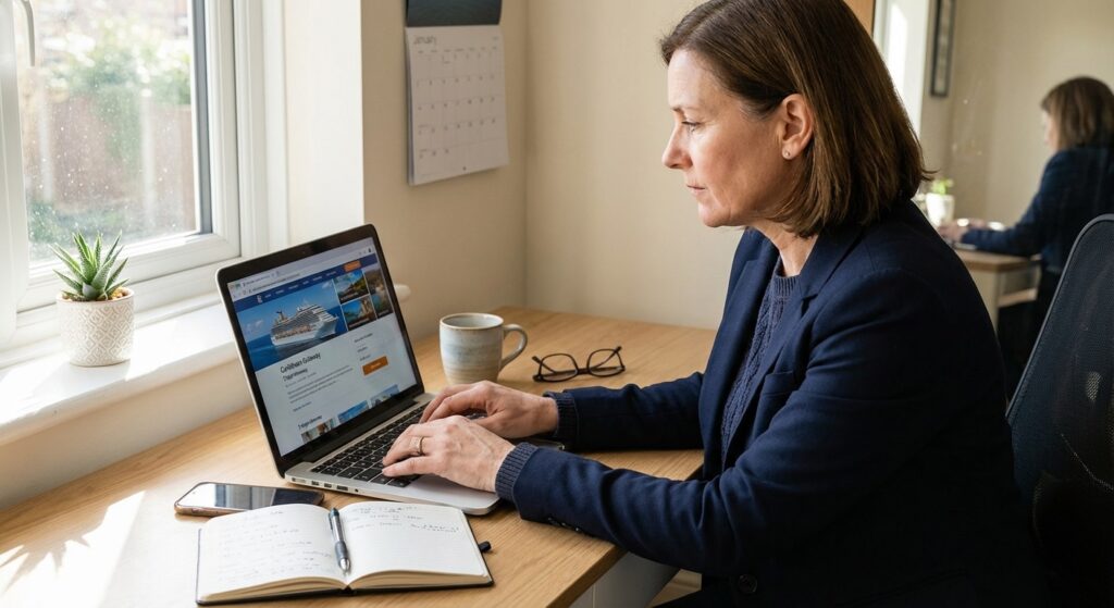 Home-based travel franchise owner booking a cruise vacation on a laptop from a home office as a Best Franchise Opportunities 