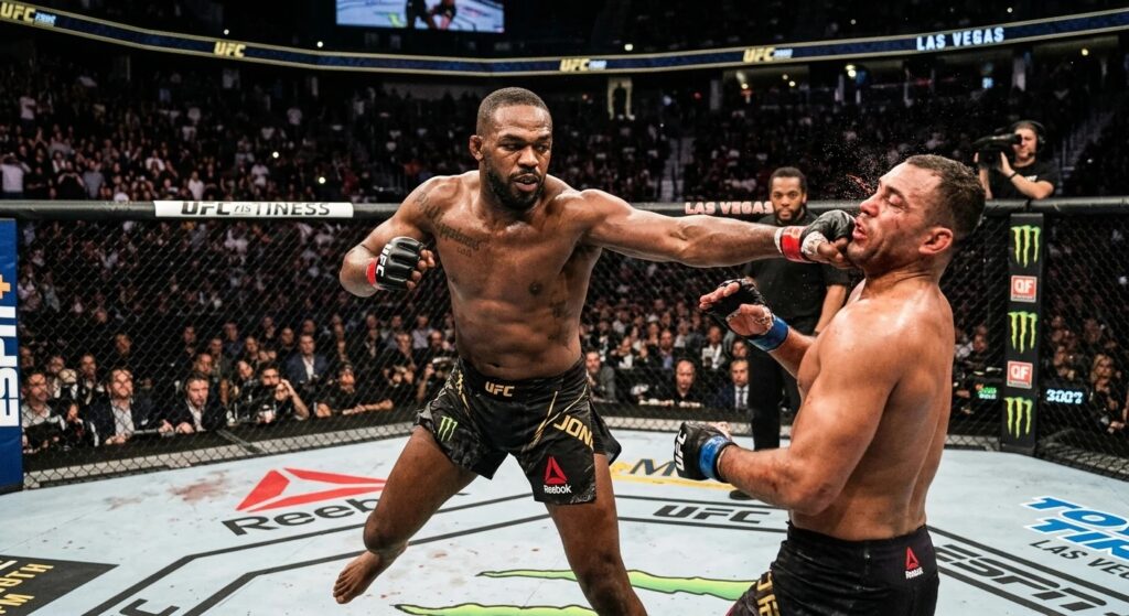 Jon Jones UFC light heavyweight champion throwing spinning elbow during title defense