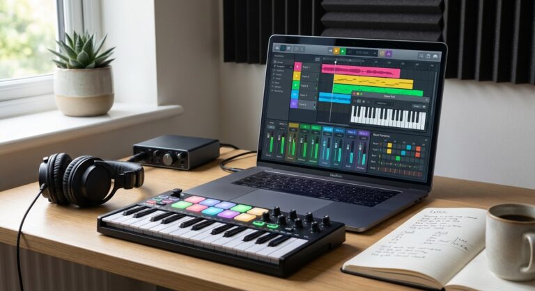 A beginner home studio setup featuring a laptop displaying the best music production software for beginners alongside a MIDI keyboard.