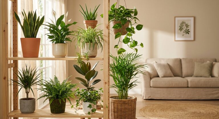 Ten air-purifying houseplants arranged on a wooden shelf in a bright living room