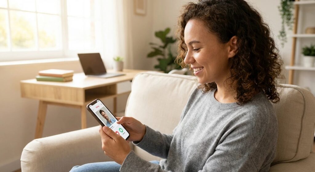 Person smiling while using a dating app on a smartphone in a well-lit room