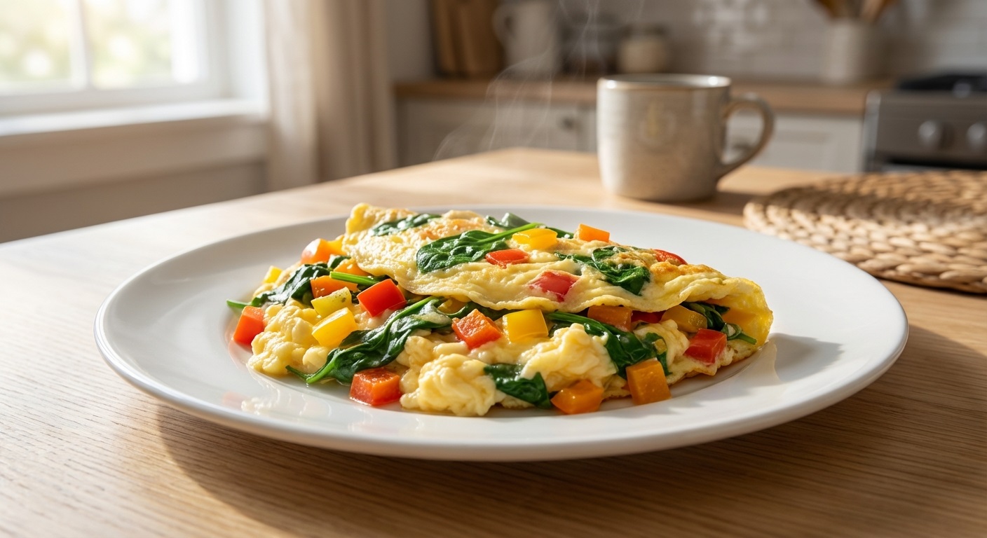 Two-egg veggie scramble with spinach and bell pepper on a white plate