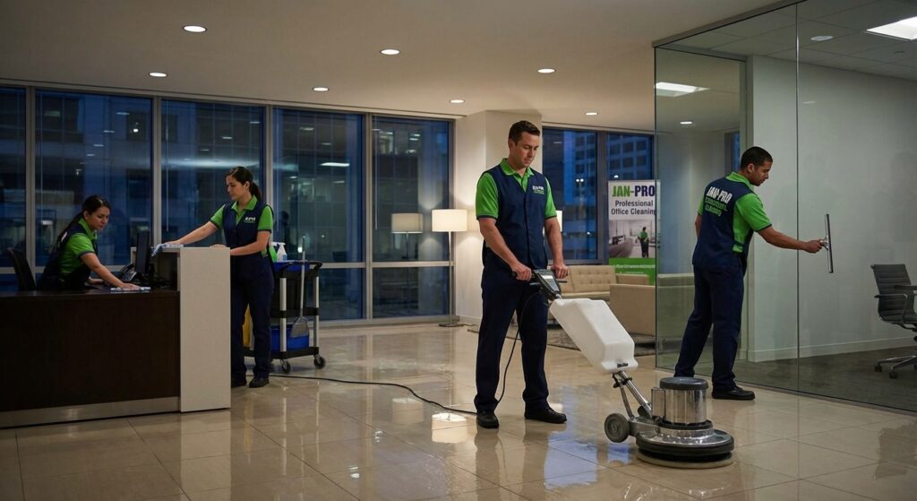 Jan-Pro commercial cleaning franchisee servicing an office building at night