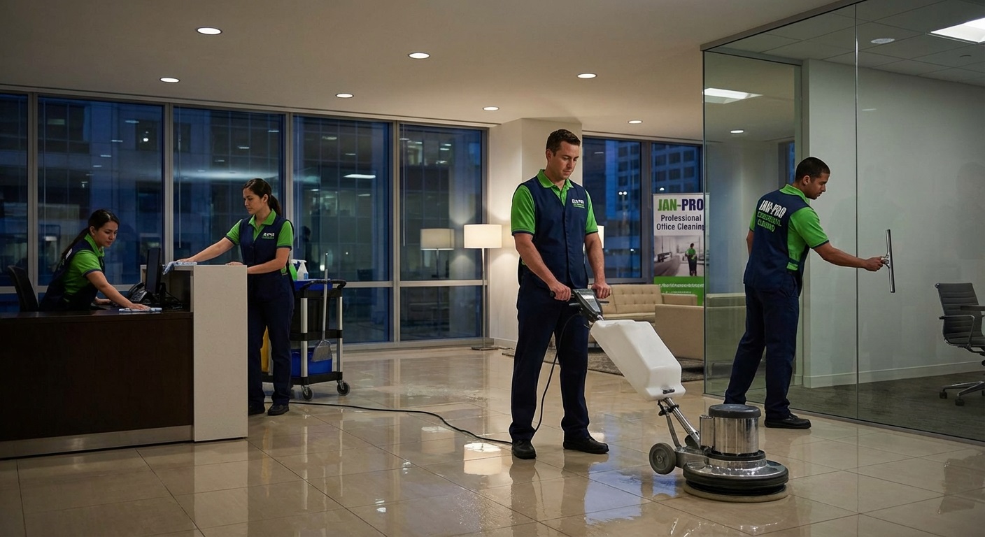 Jan-Pro commercial cleaning franchisee servicing an office building at night