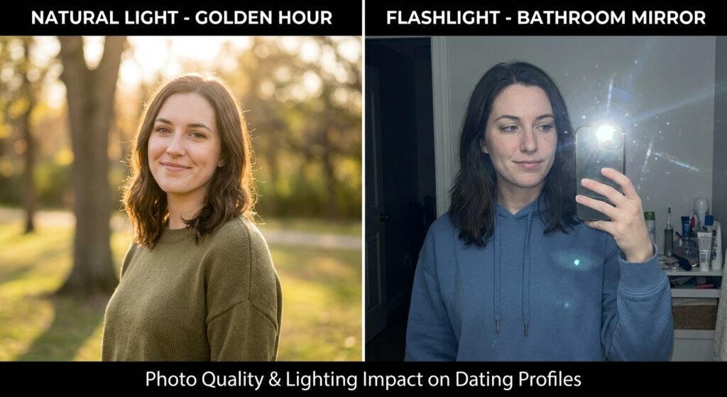 Comparison of dating profile photos showing natural outdoor lighting versus indoor flash selfie