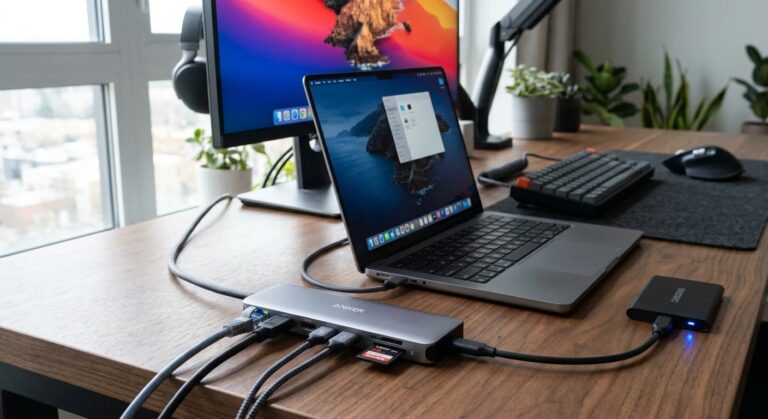 Anker 555 USB-C hub 8-in-1 connected to MacBook Pro showing all ports in use with external monitor and SSD