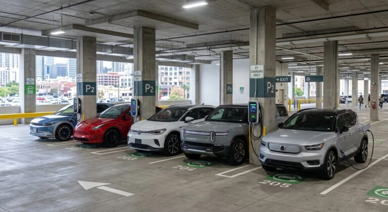 Public Level 2 charging station in city parking garage with multiple EVs charging