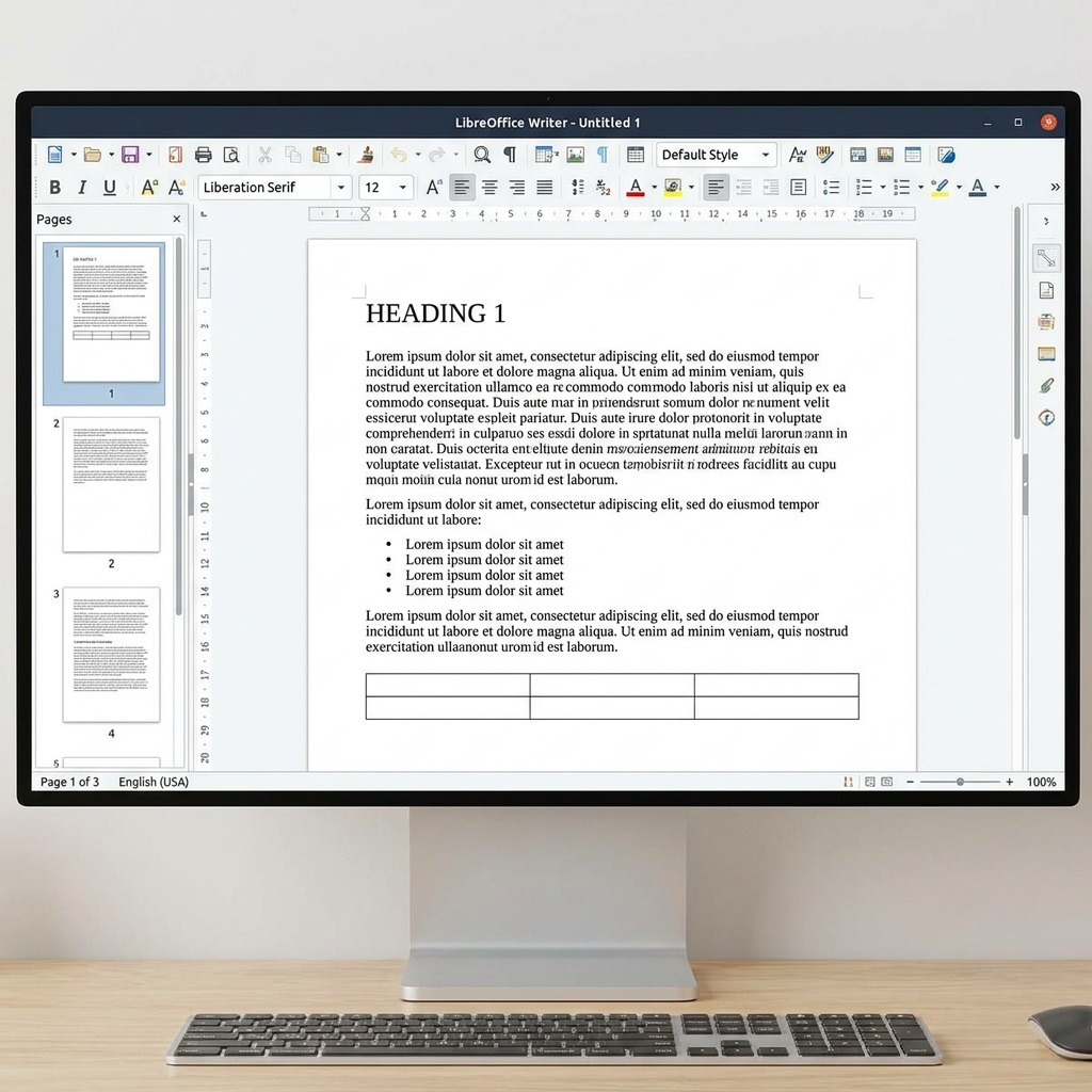 LibreOffice Writer interface showing document editing with formatting toolbar and page layout matching Microsoft Word functionality