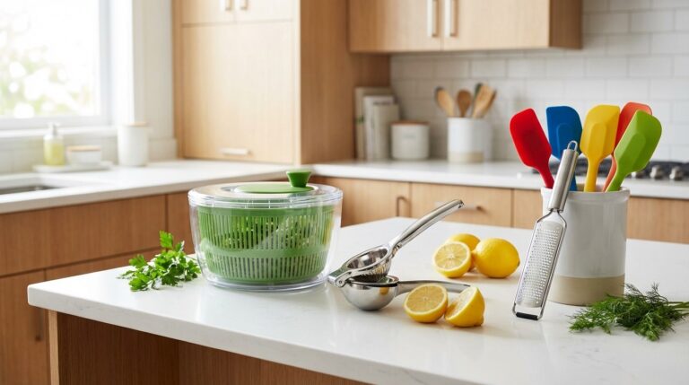 Modern kitchen counter with several affordable kitchen gadgets including a salad spinner, citrus juicer, microplane zester, and silicone spatulas arranged neatly.
