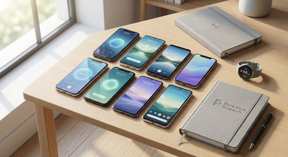 Ten smartphones displaying different meditation app interfaces arranged on a desk next to a Rank Vault research notebook and heart rate monitor