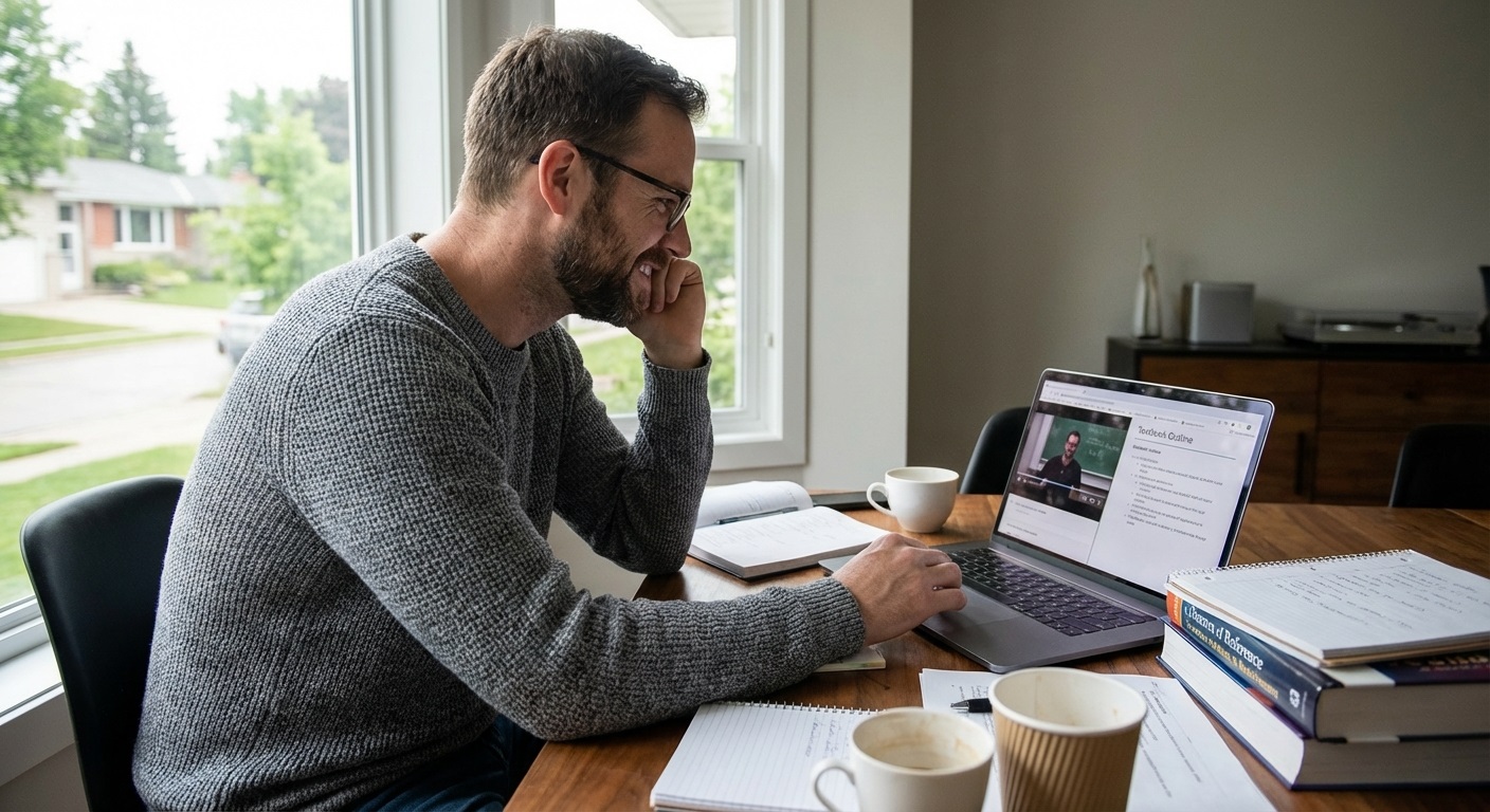 Working adult studying online degree program on laptop at home office desk with coffee and notebook