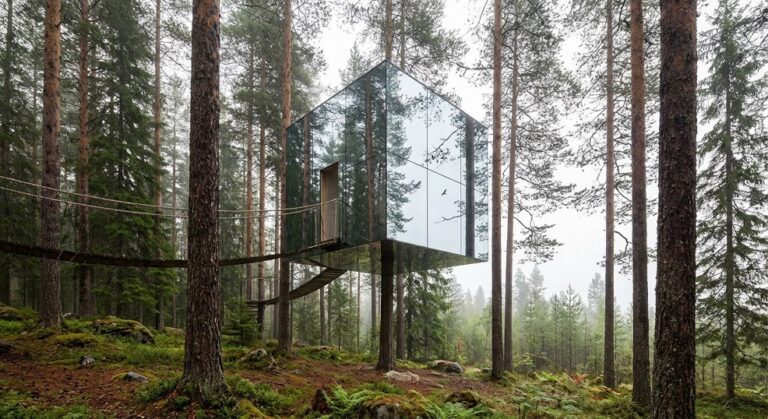Mirrorcube room at Treehotel in Sweden suspended among pine trees with reflective glass panels blending into the forest canopy