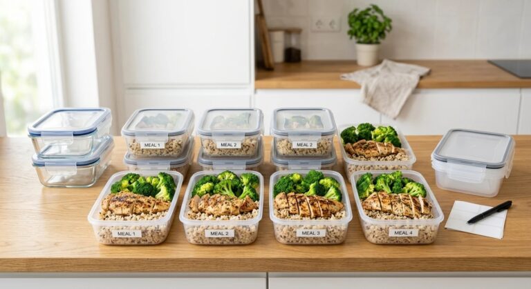 Budget-friendly meal prep containers with chicken, brown rice, and steamed broccoli for weight loss