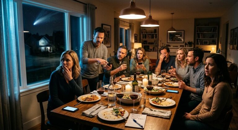 Coherence 2013 dinner party scene showing characters reacting to comet event in underrated sci-fi film