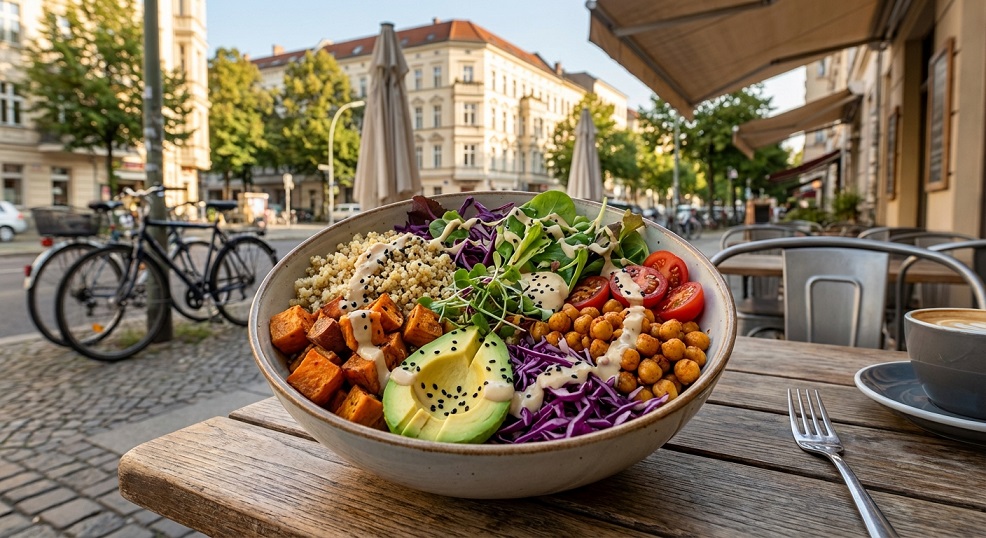 Colorful vegan Buddha bowl on outdoor cafe table in Berlin with city street in background
