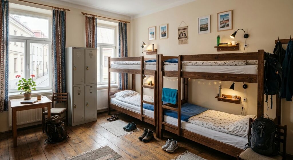 Hostel dorm room with bunk beds showing typical accommodation in Eastern Europe