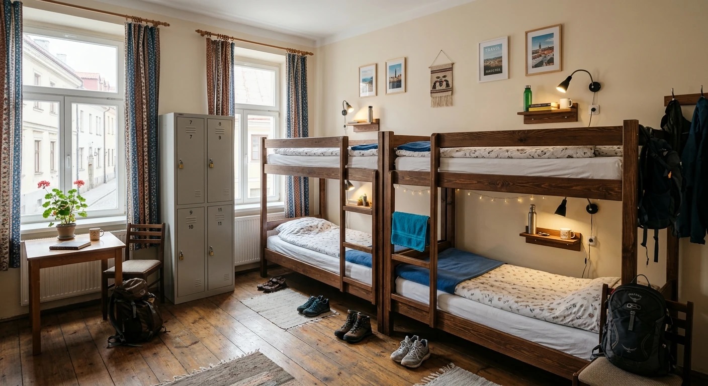 Hostel dorm room with bunk beds showing typical accommodation in Eastern Europe