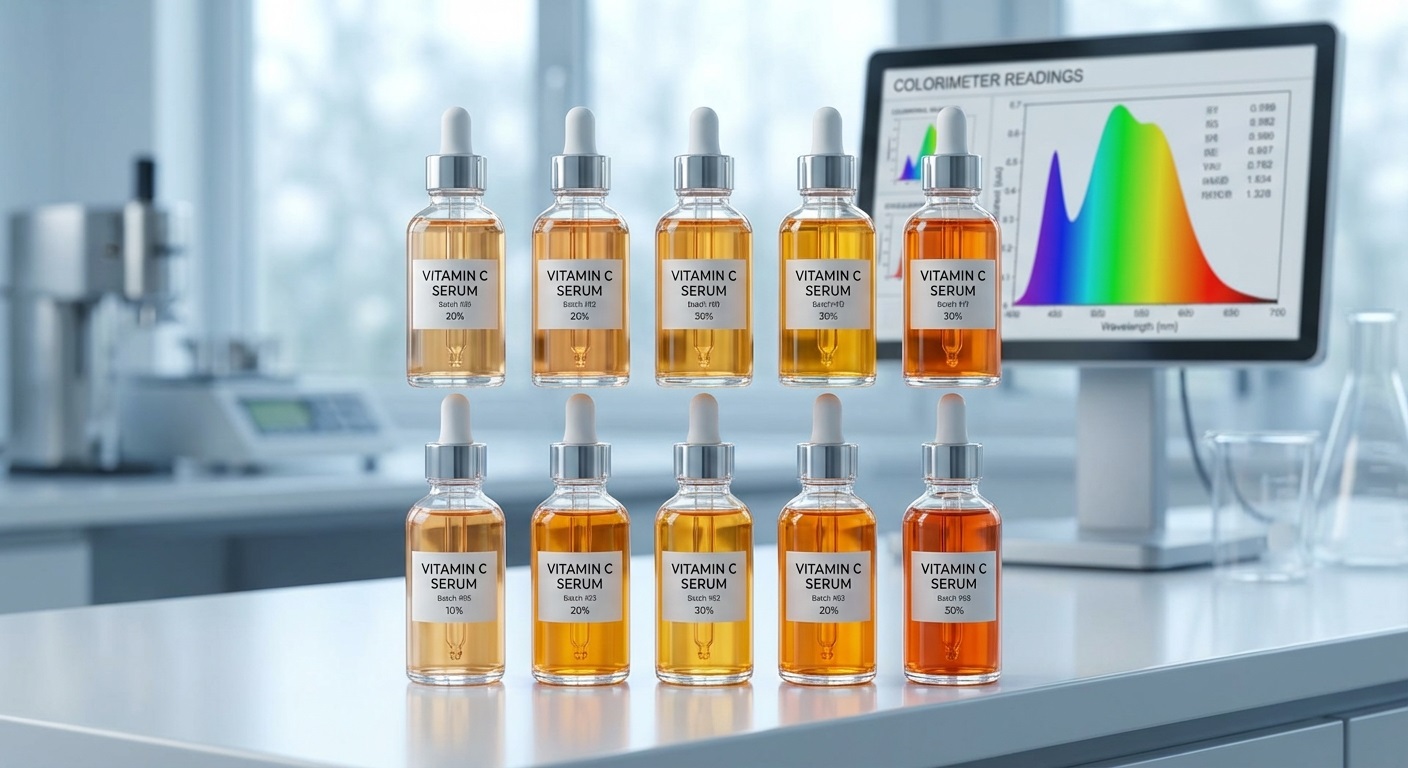 Ten vitamin C serum bottles arranged on a white lab surface with colorimeter readings displayed on a screen behind them
