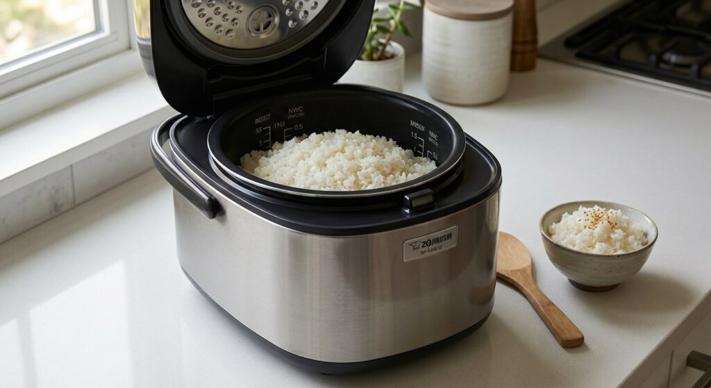 Zojirushi NP-NWC10 pressure induction rice cooker with lid open showing cooked short-grain rice