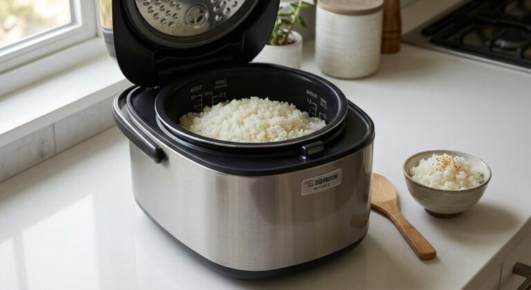 Zojirushi NP-NWC10 pressure induction rice cooker with lid open showing cooked short-grain rice