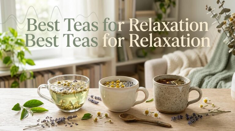 Ten best teas for relaxation and health arranged on a wooden table with loose leaves and ceramic cups