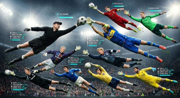 Montage of top 10 legendary football goalkeepers diving to save shots with performance metric overlays