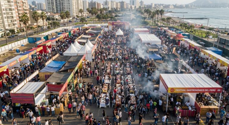 Aerial view of Mistura food festival in Lima Peru with hundreds of street food stalls and large crowds