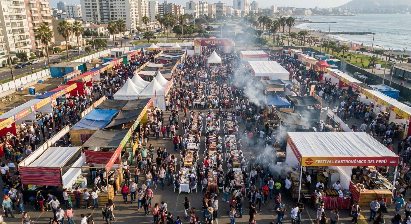 Aerial view of Mistura food festival in Lima Peru with hundreds of street food stalls and large crowds