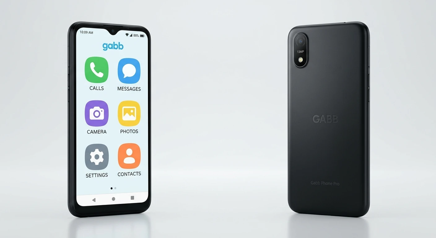 Gabb Phone Pro front and back view showing simplified kid-safe interface with no app store or social media icons