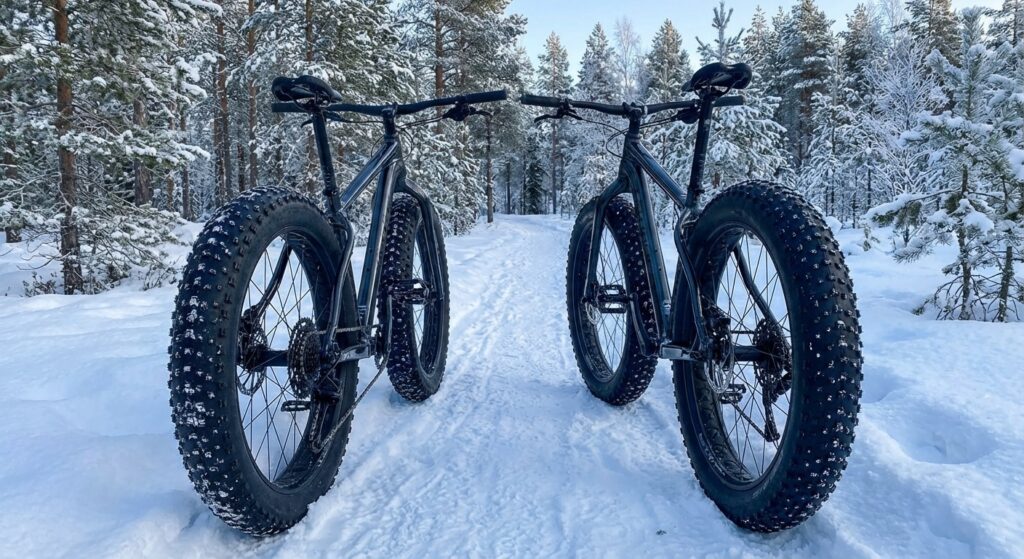 Fat tire bike with oversized snow tires on a packed winter trail surrounded by pine trees