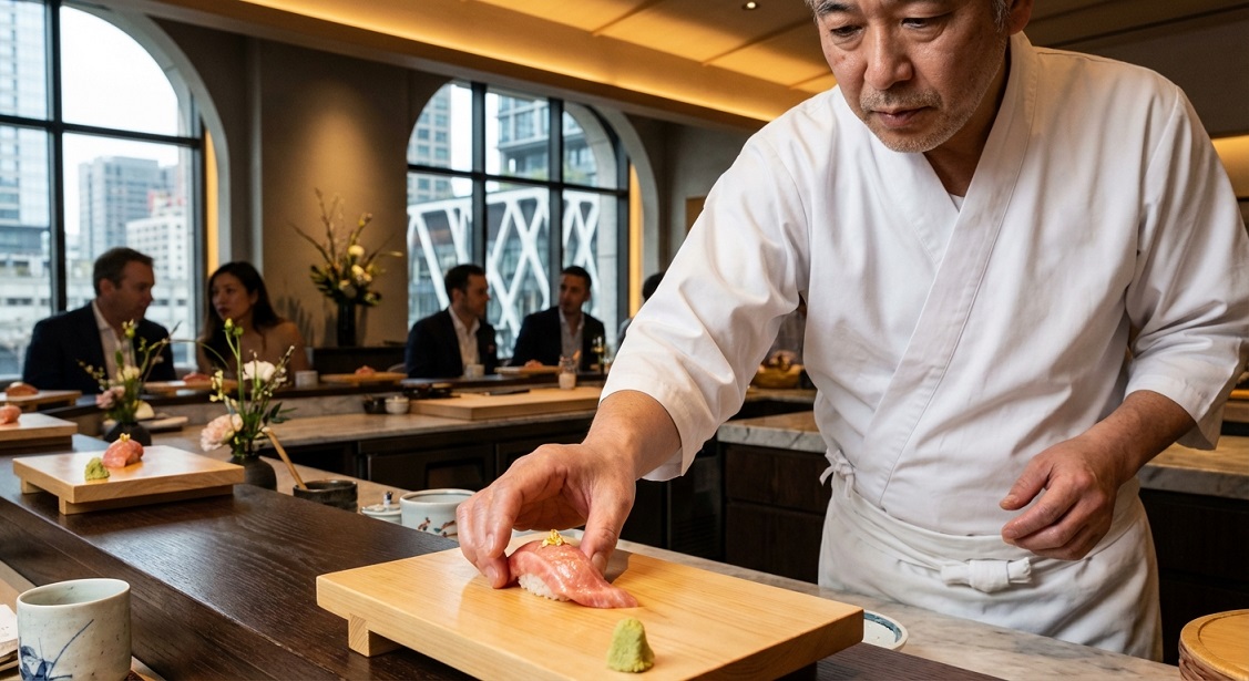Omakase sushi counter with chef placing otoro nigiri on hinoki wood board at high-end restaurant outside Japan