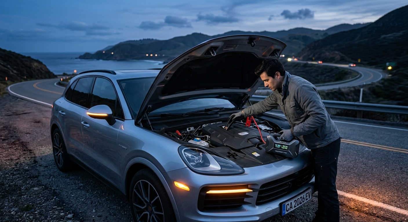 Driver using a portable jump starter to revive a dead car battery on a roadside in 2026